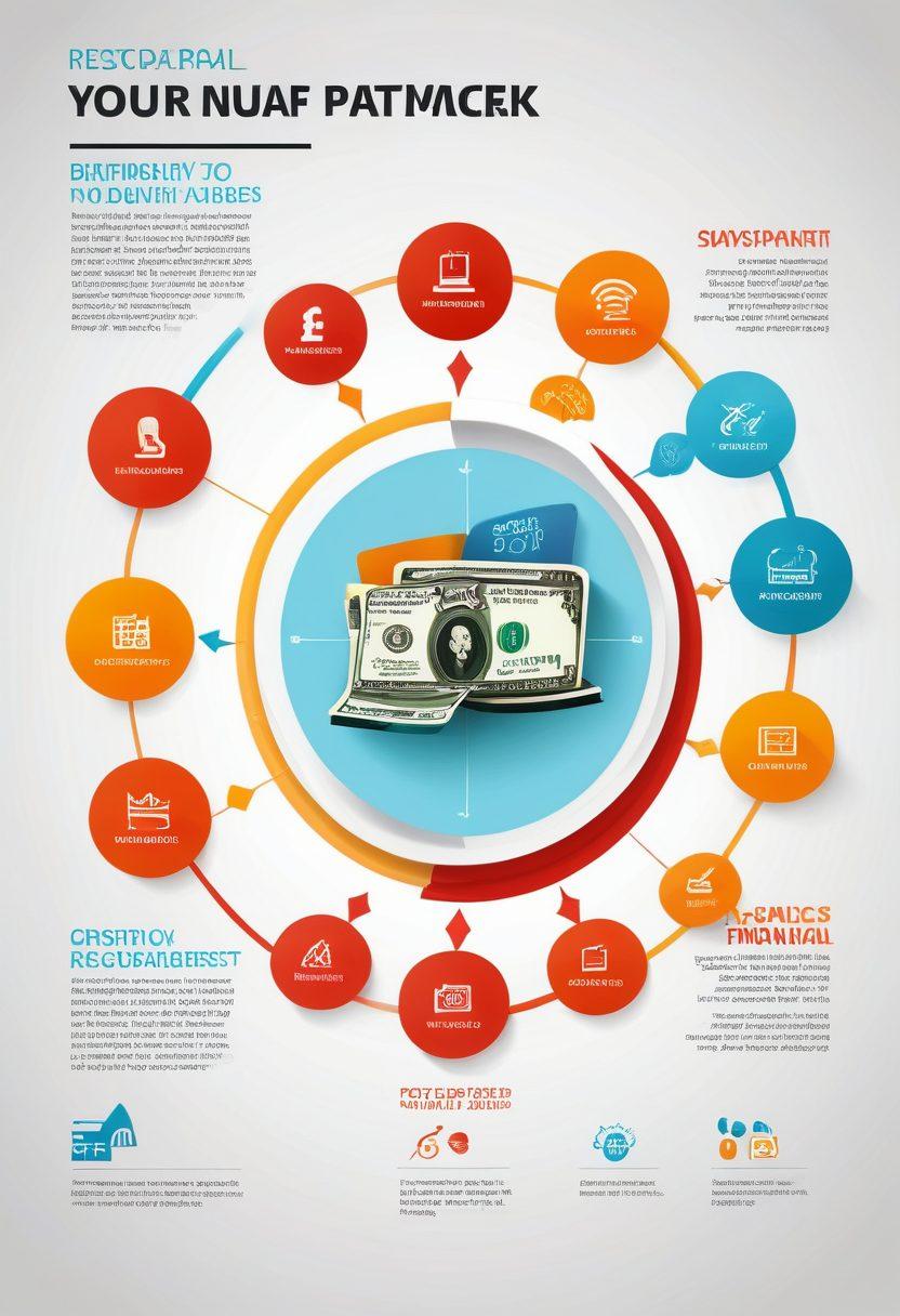 A visually captivating infographic depicting the journey from a paycheck to savings, showcasing smart payment processing tools like digital wallets and budgeting apps. Include vibrant charts illustrating increasing savings over time, with currency symbols and a calculator to symbolize financial gains. The background should be filled with elements representing technology and finance, such as graphs and coins. colorful vector art. bright colors. minimalistic design.