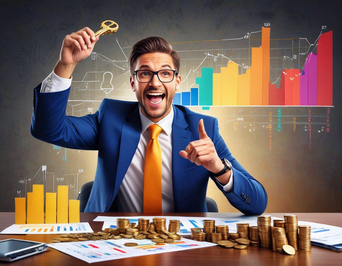 A dynamic scene depicting a businessman with a triumphant expression, holding a golden key symbolizing unlocking financial secrets. In the background, graphs and charts with upward trends are prominently featured, alongside stacks of coins representing cash flow management. The ambiance is energetic and optimistic, showcasing diverse professionals engaging in discussions and calculations. Bright colors radiate success and growth. super-realistic. vibrant colors. 3D.